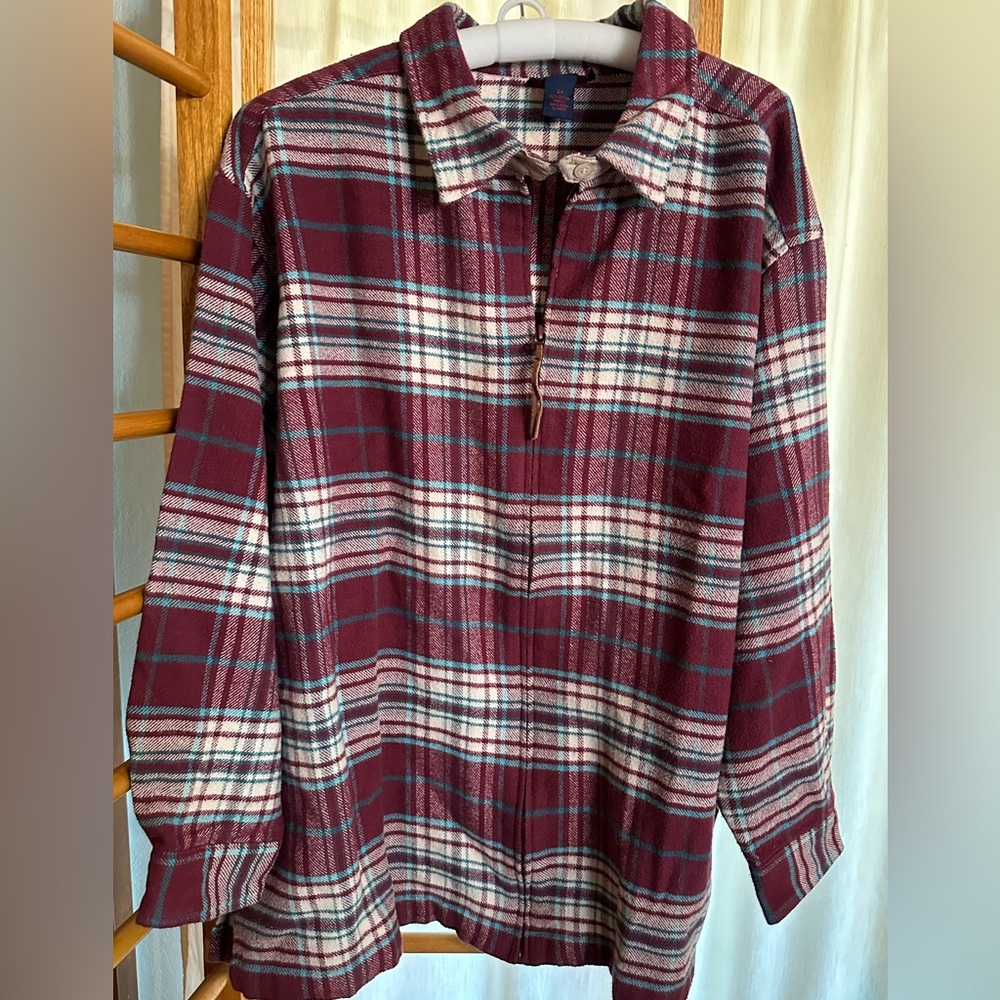 Denim and Co Burgundy Cotton Flannel Full Zip Long Sleeve Jacket 2X